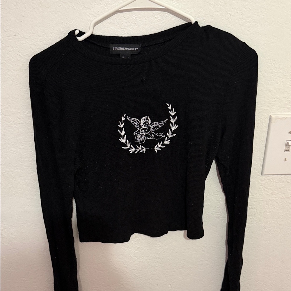 Streetwear Society Black Long Sleeve Top with Angel Embroidery